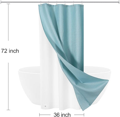 Craidlela 3 in 1 Stall Half Size Shower Curtain Set-36 W x 72 H, Teal Blue Waffle Waterproof Fabric and PEVA Liner Set with Stainless Steel Hooks
