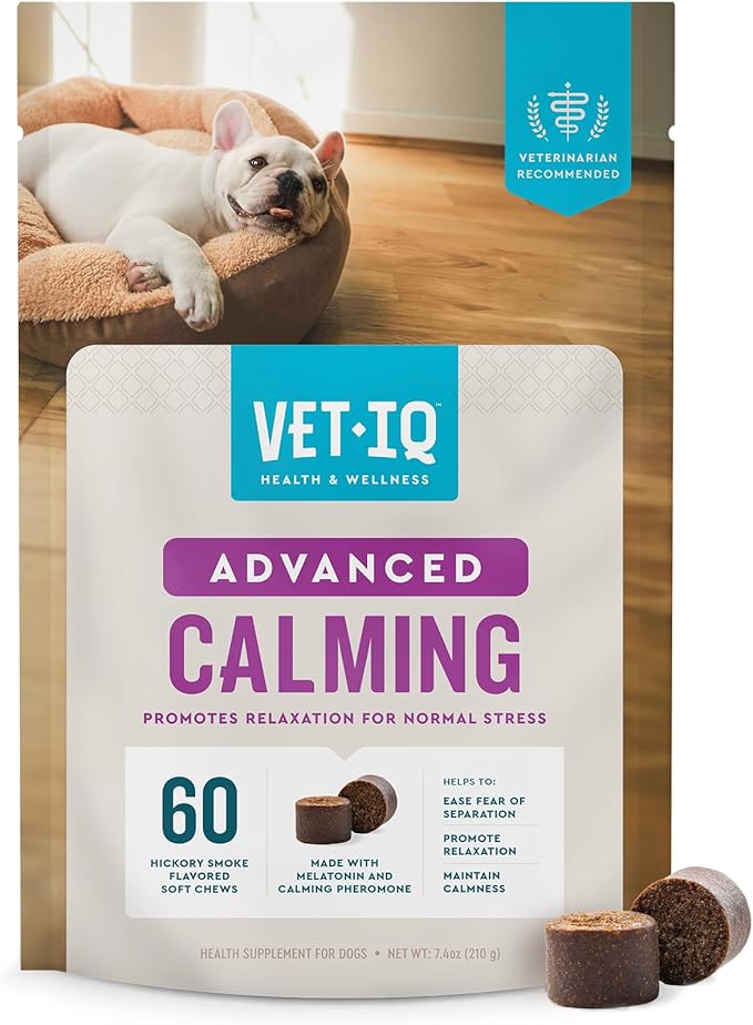 VetIQ Advanced Calming Support Supplement for Dogs, Dog Calming Chews - Anxiety Relief Treats Stress and Promote Relaxation, Made in The USA, 60 Count
