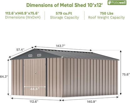Patiowell 10 x 12 FT Metal Storage Shed for Outdoor, Steel Yard Shed with Design of Lockable Doors, Utility and Tool Storage for Garden, Backyard, Patio, Outside use,Brown