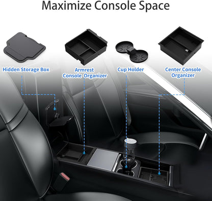 4PCS Upgraded Tesla Model Y Juniper (2024–2026) Accessories & Tesla Model 3 (2025 Highland) Accessories Center Console Organizer, Hidden Storage Box, Cup Holder, and Armrest Drawer Organizer