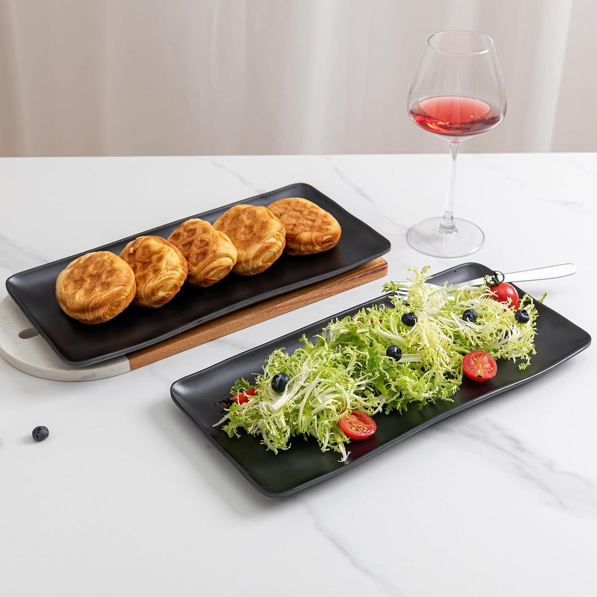 Melamine Rectangular Serving Platters and Trays set, set of 4,14” x 7” Matte Black Party Platter for Serving Food, Salad, Cheese and Fruits, Dishwasher Safe Trays/Platters for Entertaining
