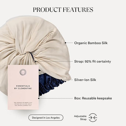 Essentials by Clementine Organic Hair Bonnet in Champagne Sunset | Silver Ion Silk Lined Bamboo Sleep Cap for Frizz-Free, Curly Hair, and Scalp Health