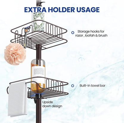 SEIRIONE Rustproof Shower Caddy Corner and Shower Organizer Corner for Bathroom,Corner Shower Caddy Tension Pole with 4 Adjustable Baskets for Shower Accessories, 34 to 116 Inch Height, Oil Bronze