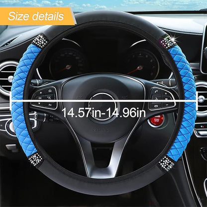 Bling Soft Leather Steering Wheel Cover, 15 Inch Colorful Rhinestones Auto Elastic Steering Wheel Protector, Sparkly Crystal Diamond for Women Girls, Car Accessories for Most Cars (Blue)