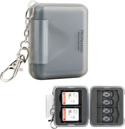 PROfezzion SD Card Holder Case Water-Resistant: Portable 12 Slots Memory Card Case for 8 Micro SD Card & 4 SD/SDXC/SDHC Card, Memory Card Hard Carrying Box Keeper Protector with Rubber Interior Grey