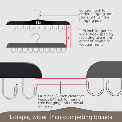 Large Bra Hanger and Bra Organizer for Closet – Tank Top Hanger Space Saving for House, Dorm, Apartment - Foldable Wooden for Closet Organizer– with 20 Hooks, Lotus Wood, Black, 2 Pack