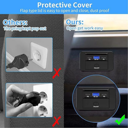 MOTONG Waterproof 12V PD USB C Outlet Charger Adapter, 18W QC3.0 USB A & Dual 30W PD Type C with Touch Switch Car Socket Charger Power Socket Port for Car Marine Boat RV Truck