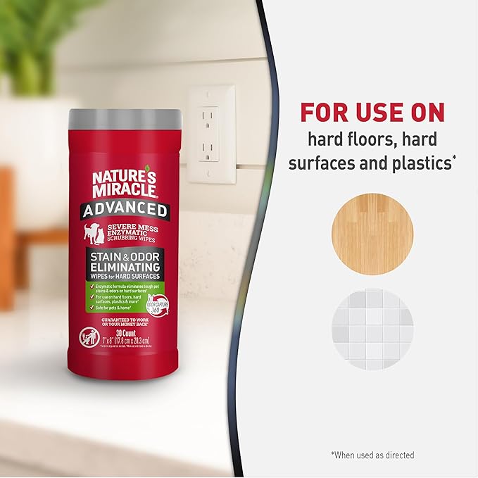 Nature’s Miracle Advanced Stain And Odor Eliminating Wipes for Hard Surfaces, 30 Count, Enzymatic Formula Eliminates Tough Pet Messes