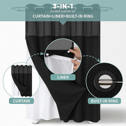 eachope Black No Hook Waffle Weave Shower Curtain with snap-in Liner Replacement, 230GSM Waterproof Fabric Hotel Shower Curtain Set for Bathroom, Through Mesh Top Window,60Wx74H