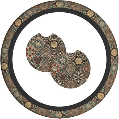 Bohemia Steering Wheel Cover with 2 Car Coasters Non Slip Neoprene for Women Men Universal 15 Inch