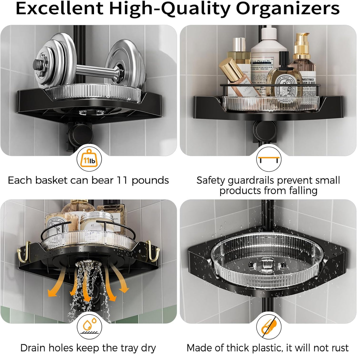360° Rotating Corner Shower Caddy Tension Pole Organizer - 4-Tier Adjustable Rustproof Metal Pole, Plastic Shelves with Safety Guardrail, Bathroom Storage for Shower & Bathtub(Black)
