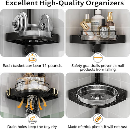360° Rotating Corner Shower Caddy Tension Pole Organizer - 4-Tier Adjustable Rustproof Metal Pole, Plastic Shelves with Safety Guardrail, Bathroom Storage for Shower & Bathtub(Black)