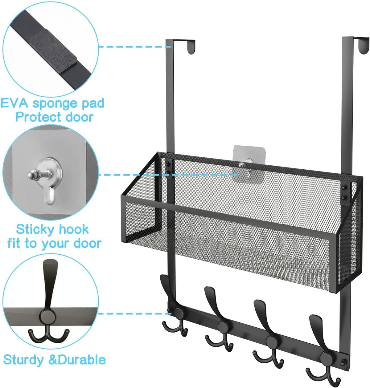 Over The Door Hooks Organizer, Coat Rack Over The Door Storage Hanger Towel Rack, Back of Door Storage Organizer for Bathroom,Bedroom,Kitchen,Office (Black 2-Tier)