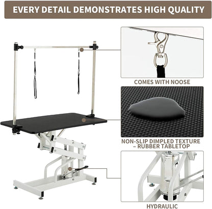 Hydraulic Dog Pet Grooming Table, 42 Inch Heavy Duty Z Lift Structure Professional Dog Grooming Table Suitable for Large Dogs at Home with Adjustable Overhead Arms, Clamps and 2 Grooming Noose, Black