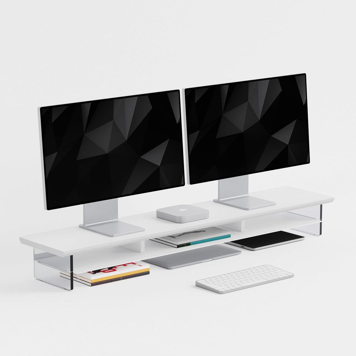 Dual‑Tier Monitor Stand for Modern Desk Setup – Minimalist Wooden and Metal Riser Shelf with Transparent Acrylic Feet for Dual Monitors, Laptops, Home Office Aesthetic，White