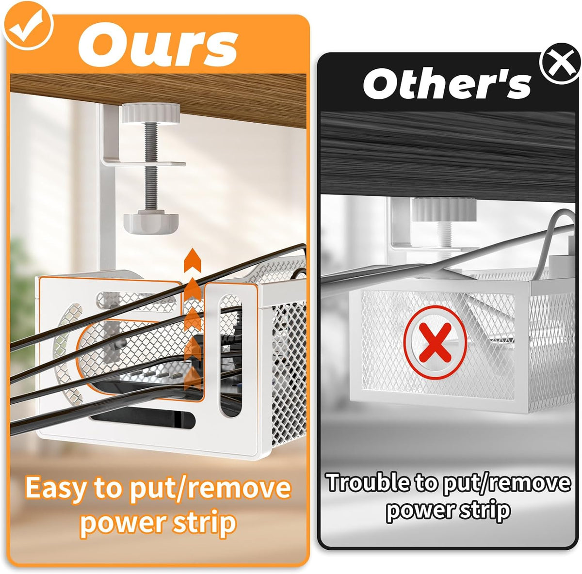 Under Desk Cable Management Tray, No Drill Steel Desk Cable Organizers, Wire Management Tray Cable Management Rack (24.4" Length-White)