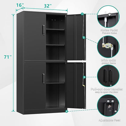 Metal Storage Cabinet with 3 Adjustable Shelves and 4 Doors, Steel Tool Cabinets