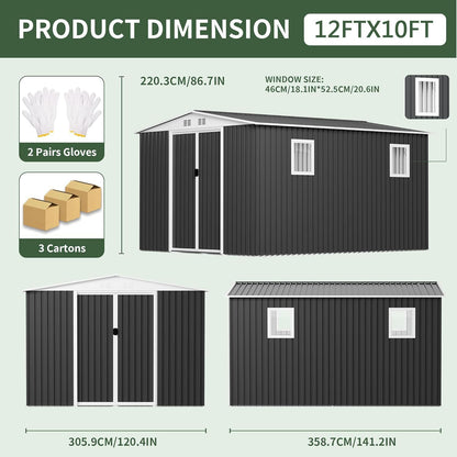 12FT x 10FT Outdoor Storage, Metal Anti-Corrosion Utility Tool House with Lockable Door & Shutter Vents，Outdoor Waterproof Garden Tool Storage Sheds