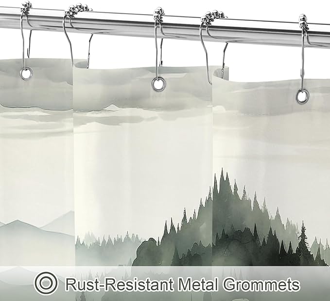 Litabel Dark Green Long Misty Pine Forest Shower Curtain 72 x 78, Mountain Foggy Woodland Scenery Tree 78 Inch Long Shower Curtains for Bathroom, Abstract Waterproof Nature-Themed Decor
