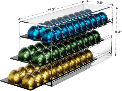 Acrylic Coffee Pod Drawer for Nespresso Vertuo Capsules, 3 Tier 60 Capacity Pods Organizer for Countertop Coffee Bar Home Office Kitchen