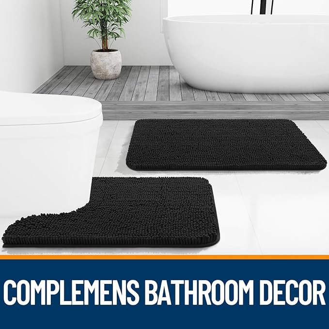 OLANLY Bathroom Rugs 40x24, Extra Soft Absorbent Chenille Bath Rugs, Rubber Backing Quick Dry, Machine Washable Bath Mats for Bathroom Floor, Tub and Shower, Home Decor Accessories, Black