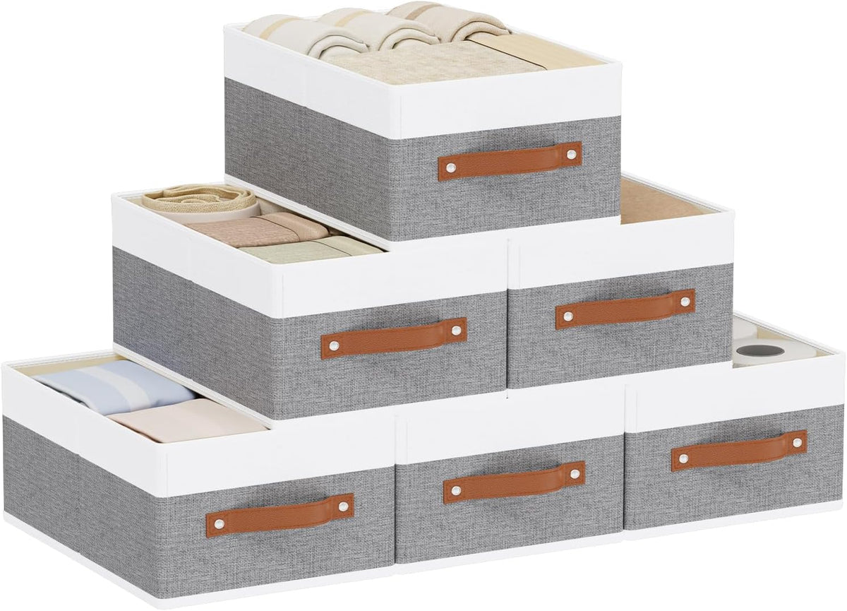 Clothing Storage Boxes, Drawer Organizers with Handles, Cube Organizer Bin for Organizing, 13 × 9.1 × 5.5 Inch, White and Grey, 6-Pack