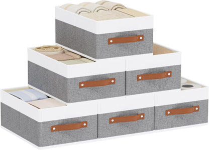 Clothing Storage Boxes, Drawer Organizers with Handles, Cube Organizer Bin for Organizing, 13 × 9.1 × 5.5 Inch, White and Grey, 6-Pack