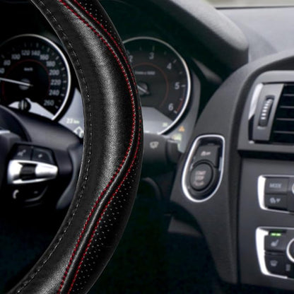 HAOKAY Top Grade Black Genuine Leather Steering Wheel Cover Women Men, Luxury Steering Wheel Cover for Cars, SUVS and Trucks, Universal 14.5-15 inch
