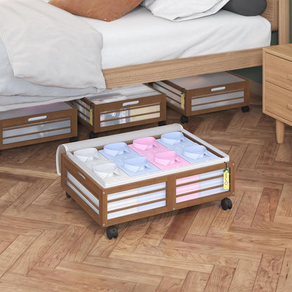 Bamboo Underbed Storage Containers with Wheels & Bag 2 Pack, Large Under Bed Rolling Storage Bins Wood Under Bed Clothes Storage Stackable Drawers for Bedroom Closet Under Crib Toy(Walnut)