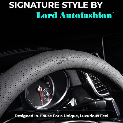 Lord Autofashion Steering Wheel Cover – PU Leather, Non-Slip Rubber Inner, All-Season Comfort – 14.5–15 Inch (Grey 8571)