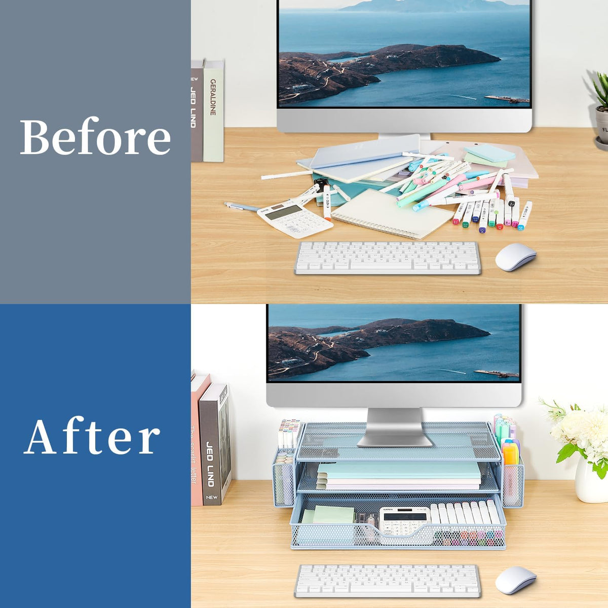AUPSEN Computer Monitor Stands Riser，2-Tier Desk Organizers and Accessories, Office Desk Accessories Organizer with Drawers and 2 Pen Holder for Office Supplies (Blue)
