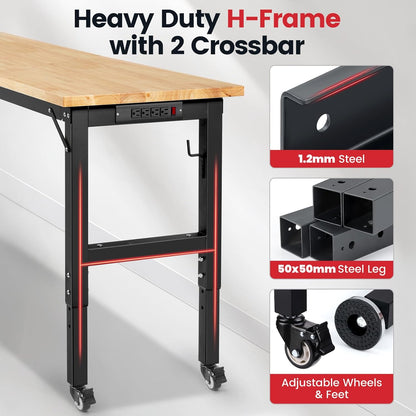 Workbench with Wheels 60 Inch Rubberwood Tabletop Garage Workbench Adjustable Height Work Bench with Pegboard, Power Outlets for Woodworking, Home, Office, Workshop