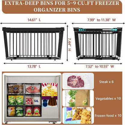 Large Freezer Organizer Bins，Upgraded Bottom Leak-Proof net，Fit 5 to 9 Cu Ft Chest Freezer，4 Pack， Expandable Stackable Chest Freezer Containers with Handle (Black--4Pack)