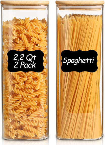 Rectangle Glass Storage Containers with Lids, Glass Jars with Bamboo Lids for Spaghetti, Pasta, Kitchen Pantry Storage Containers (2 pack 2.2qt)