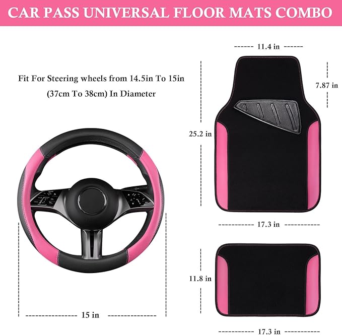 CAR PASS Faux Leather Steering Wheel Cover and Waterproof Car Floor Mats,Universal Car Combo Fit for 95% Sedan,SUV,Cars,14.5-15inch Sporty Anti-Slip Safety Comfortable Design(Black＆Pink)