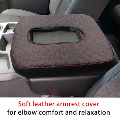 Center Console Armrest Cover for Chevy Silverado/GMC Sierra Accessories 2019-2024 2025 Arm Rest Box Leather Protective Case Middle Console Lid Cushion Pad Only for Jump Seat (Red Stitches)