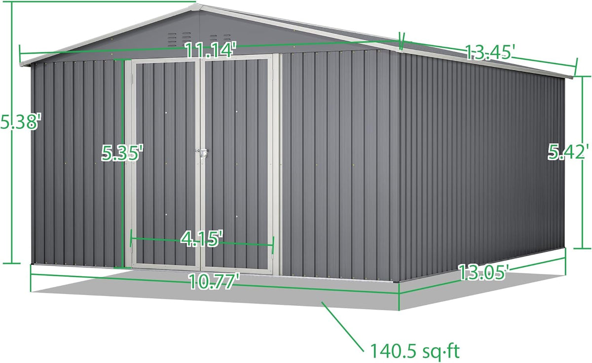 11x13ft Outdoor Metal Storage Shed,Steel Utility Tool Shed Storage House with Double Lockable Doors & Air Vent for Backyard Garden Patio Lawn Gray