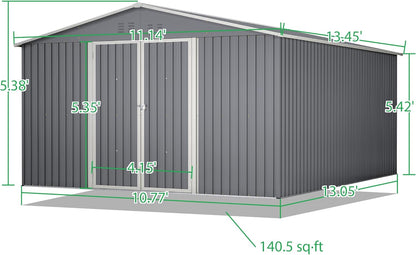 11x13ft Outdoor Metal Storage Shed,Steel Utility Tool Shed Storage House with Double Lockable Doors & Air Vent for Backyard Garden Patio Lawn Gray