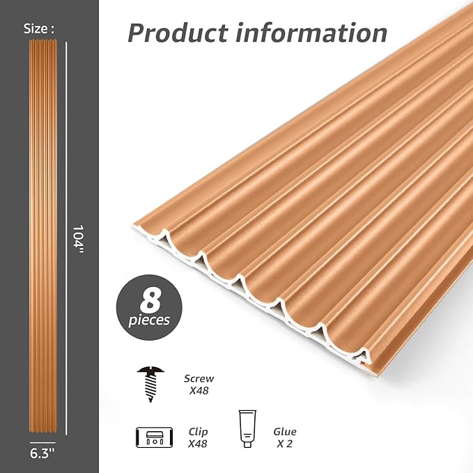 Art3dwallpanels Slat Wall Paneling, 8 Pack Wavy Grain Panel Wall Slats