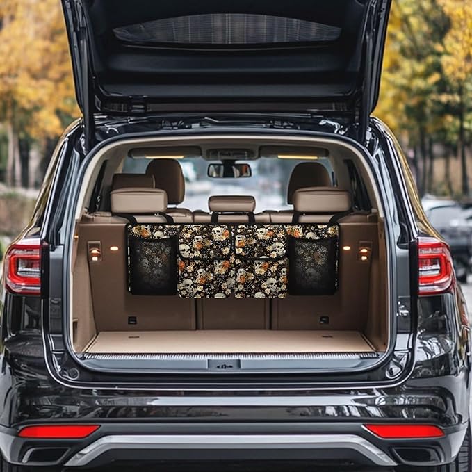 Skull Car Trunk Organizer and Storage, Flower Car Accessories for Women Large Capacity Space-Saving Back Seat Car Organizer for SUV/MPV/Truck/Sedan, It Easy to Find Things
