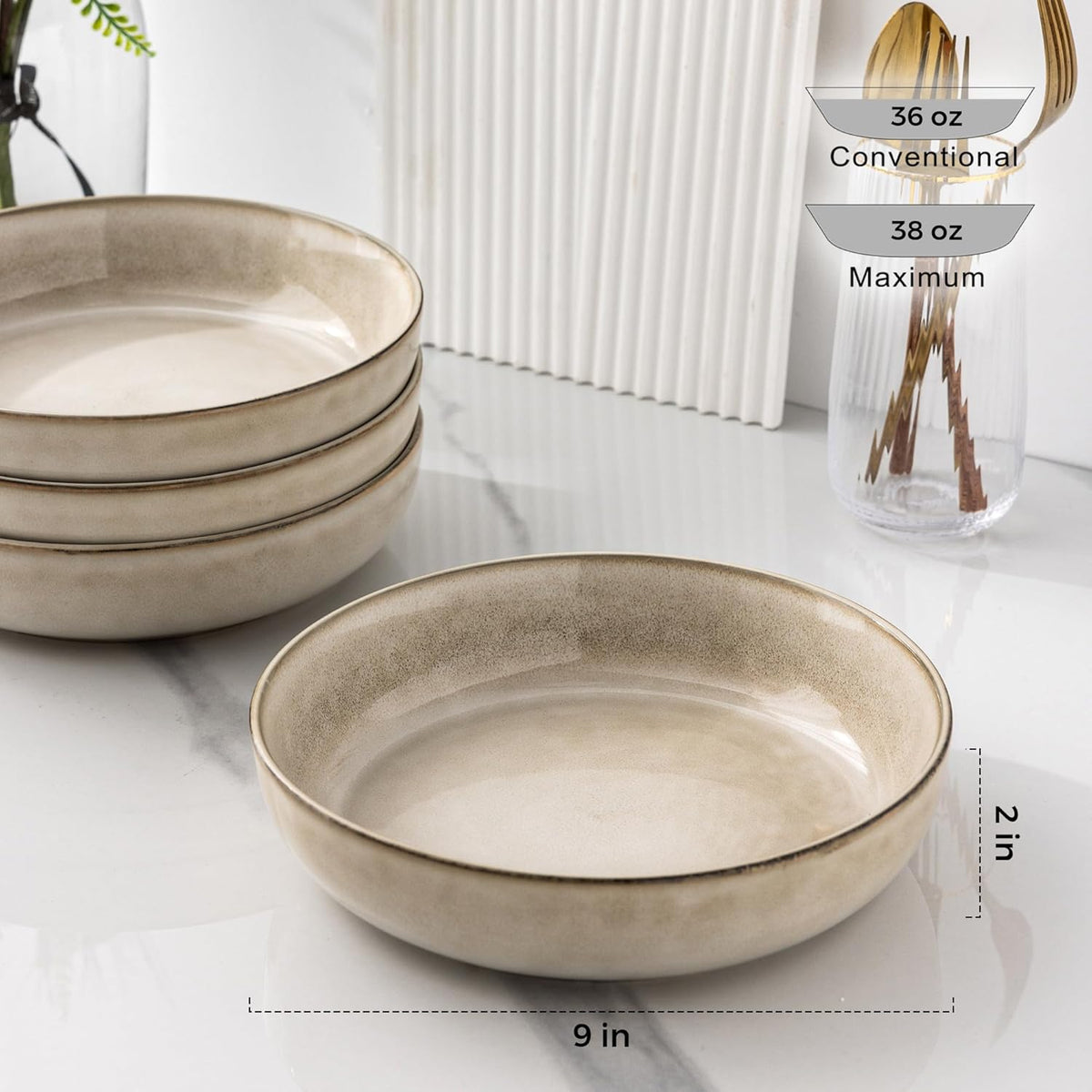 GBHOME 9'' Large Ceramic Pasta Bowls, 38oz Stoneware Pasta Serving Bowls Set of 4 for Kitchen, Wide Bowls for Fruit,Pasta,Salad,Oatmeal,Meal, Microwave Safe, Reactive Glaze-Cappuccino