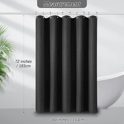 PANGSINNE Black Fabric Shower Curtain for Bathroom Stall, 60 inch Waffle Weave Machine Washable Waterproof 256GSM Heavy Duty Weighted Bath Curtain Set with 10 Metal Hooks, 60Wx72H