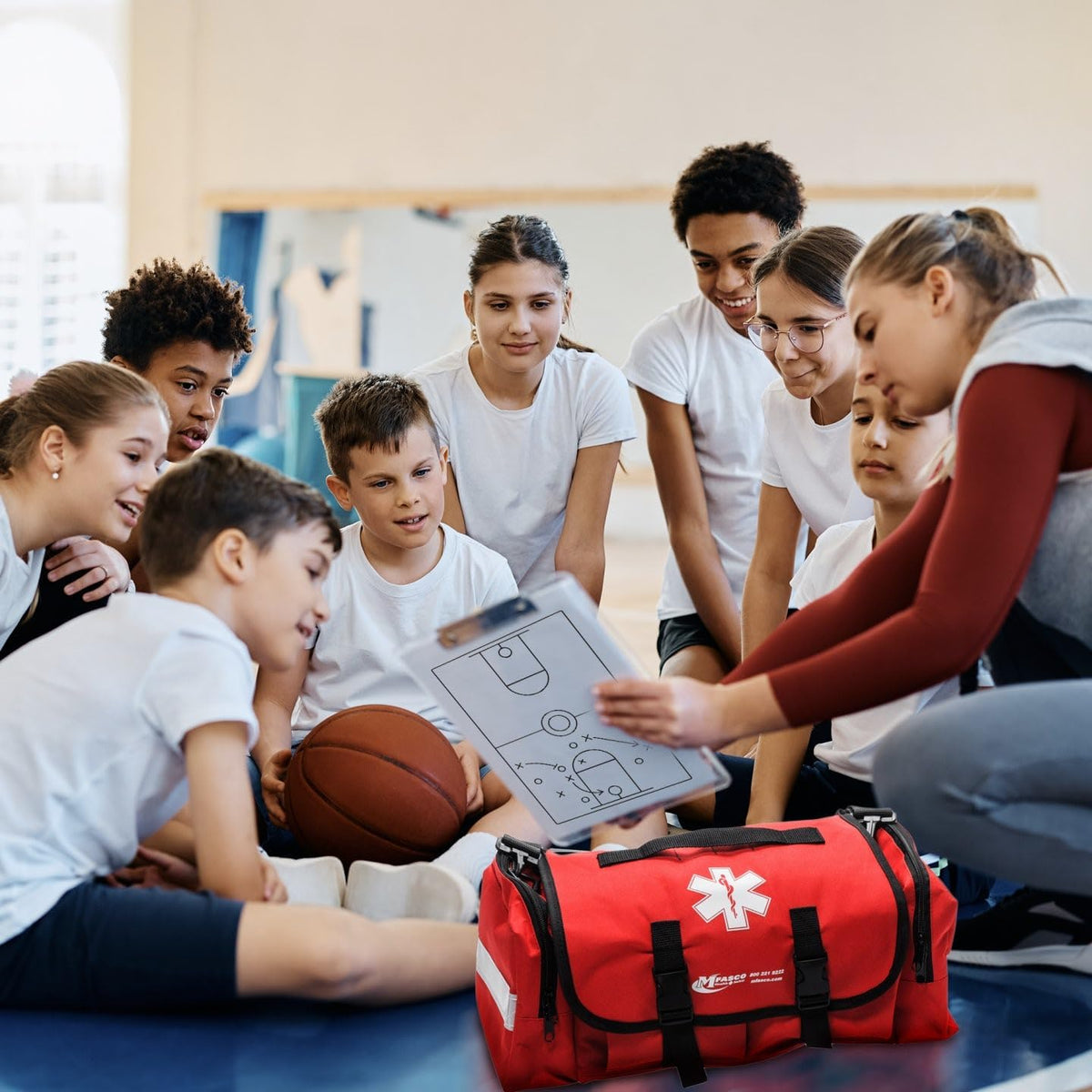 MFASCO Comprehensive School Classroom First Aid Kit - Red First Aid Trauma Bag - Emergency Bag with 200+ Supplies for First Responder - Economical for Schools & Groups - 10.5 x 7 x 7.5