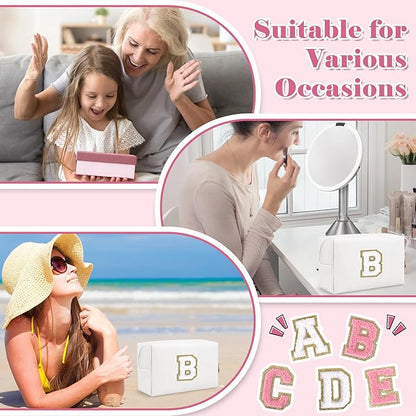 Small Personalized Initial A-Z Preppy Patch Makeup Bag,White PU Chenille Letter Travel Cosmetic Pouch with Zipper,Cute Toiletry Bag,Gift Ideal for Teen Girls Women Teacher Bridesmaid,Letter B