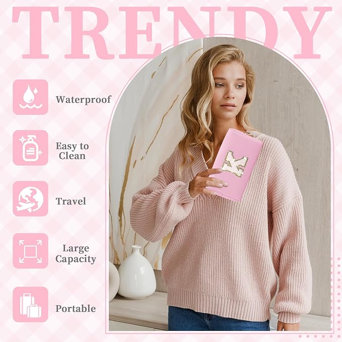 Small Personalized Initial A-Z Patch Makeup Bag,Pink Cute PU Leather Glitter Letter Cosmetic Bag for Teen Girls,Travel Toiletry Bag with Zipper,Preppy Monogrammed Birthday Gift for Daughter Niece K