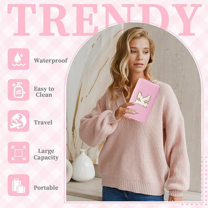 Small Personalized Initial A-Z Patch Makeup Bag,Pink Cute PU Leather Glitter Letter Cosmetic Bag for Teen Girls,Travel Toiletry Bag with Zipper,Preppy Monogrammed Birthday Gift for Daughter Niece K