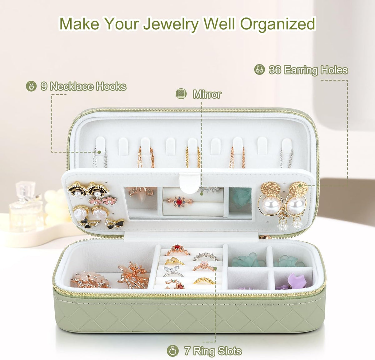 DesignSter Jewelry Organizer, Small Portable Travel Jewelry Storage for Women, Woven Embossed PU Jewelry Case with Mirror for Ring Earring Necklace Bracelet