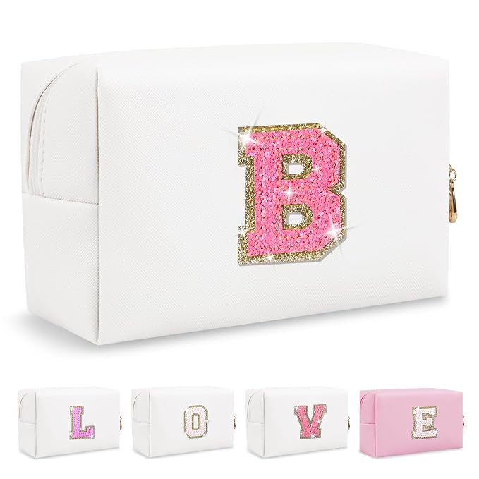 Small Personalized Initial A-Z Patch Makeup Bag,White Cute PU Leather Glitter Letter Cosmetic Bag for Teen Girls,Travel Toiletry Bag with Zipper,Preppy Monogrammed Birthday Gift for Daughter Niece B