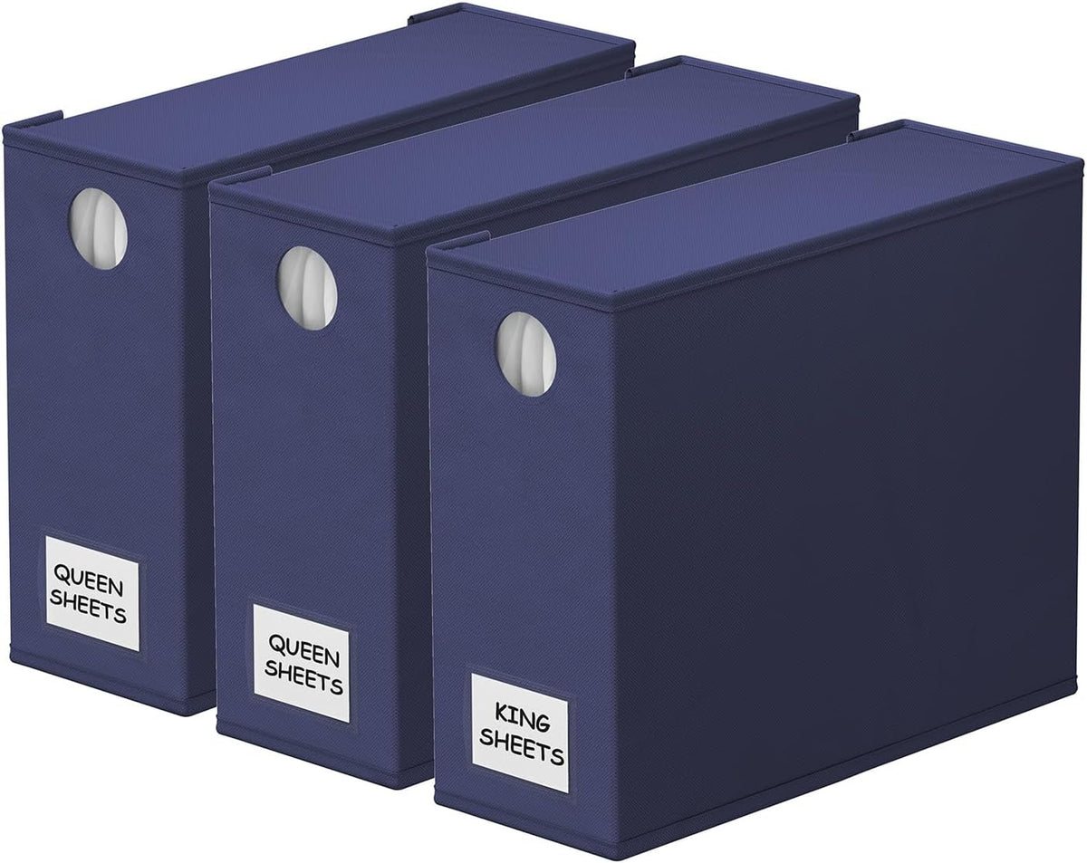SpaceAid 3 Pack Bed Sheet Organizers and Storage, Foldable Sheet Organizer for Linen Closet, Sheets Set Folder Keeper with Window XL (Queen & King Size) Bedding Container (Navy Blue, 3 Pack)