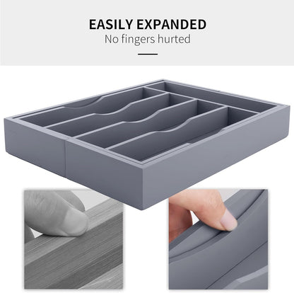 Expandable Bamboo Kitchen Drawer Organizer for Cutlery and Utensils, Adjustable Bamboo Wood Cutlery Tray in Drawer for Flatware and Silverware in Kitchen, (Grey)
